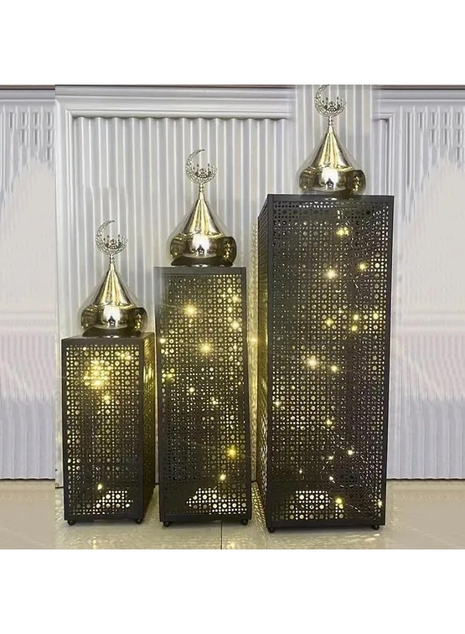 Mado Gallery Set of 3 Black Metal Islamic LED Lanterns with Crescent Moon – Warm Light Ramadan & Eid Indoor Outdoor Decor, Battery Operated (3 AA) - Image 2
